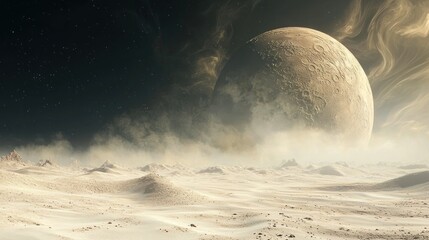 Wall Mural - a vast, barren landscape with a large, round planet in the distance, surrounded by dust and smoke.