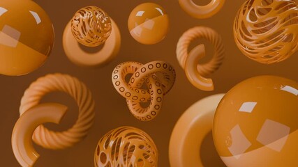Orange 3d shapes spheres, torus appealing abstract designs perfect for graphic design, backgrounds, web elements, technology concepts.