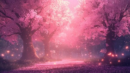 Wall Mural - a serene, pink and purple forest with cherry blossom trees, illuminated by a soft, ethereal light, c