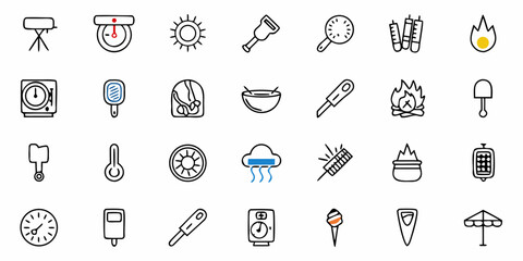 illustration of camping related icons including sun thermometer fire and cooking equipment in black 