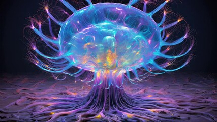 Wall Mural - Glowing blue sphere has tendrils reaching up and down. Purple and blue roots are shown on the bottom. AI.