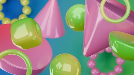 Wall Mural - 3d glossy shapes with pink, green, and yellow hues, floating in midair. Suitable for vibrant, modern design projects and web graphics.