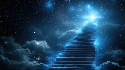 Wall Mural - a staircase leading to a bright light in a starry sky with clouds.