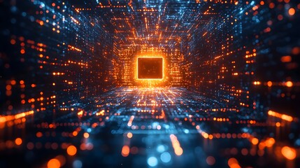 Wall Mural - abstract futuristic digital tunnel composed of glowing orange and blue particles converging on a cen