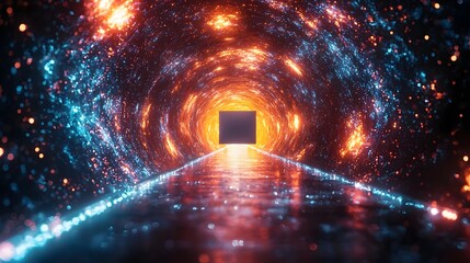 Canvas Print - Vibrant abstract tunnel with glowing orange and blue energy leading to a dark square portal