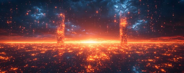 Wall Mural - a futuristic digital city landscape illuminated by glowing energy networks and towering structures u