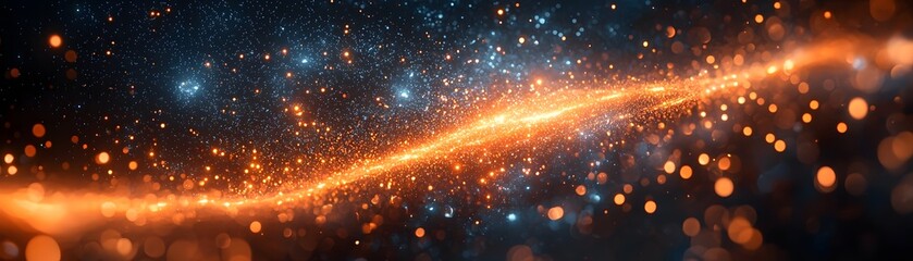 Wall Mural - Abstract stream of glowing orange and blue particles with bokeh effects evoking digital energy and cosmic explo n