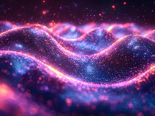 Wall Mural - Abstract digital landscape of glowing blue and purple particles forming undulating waves symbolizing data flow and quantum concepts