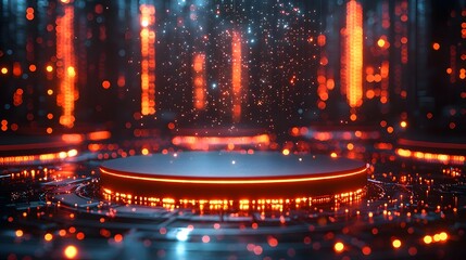 Wall Mural - a futuristic digital podium illuminated by a vibrant orange energy grid surrounded by glowing partic