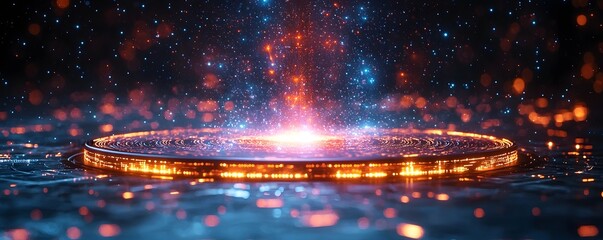 Wall Mural - a futuristic glowing podium center stage emits vibrant energy particles against a dark digital space