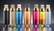 © Ai_Stock - A row of colorful, modern USB flash drives with gold accents on a reflective surface.