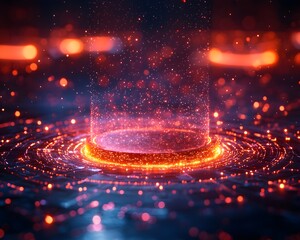 Wall Mural - abstract visualization of digital energy pathways with a glowing cylindrical podium and swirling lig