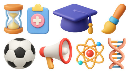 Wall Mural - PNG Colorful educational 3D icons set, element set on transparent background