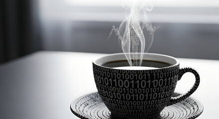 Photo of steaming cup of coffee with binary code pattern on a dark background
