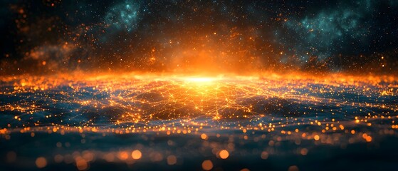 Wall Mural - futuristic abstract landscape of glowing orange network lines and bright central light against a cos