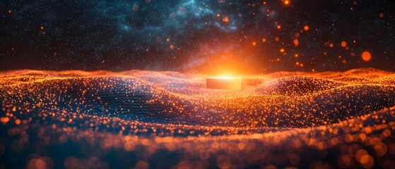 Wall Mural - a glowing digital landscape of energy particles flows under a cosmic sky with a bright light source 