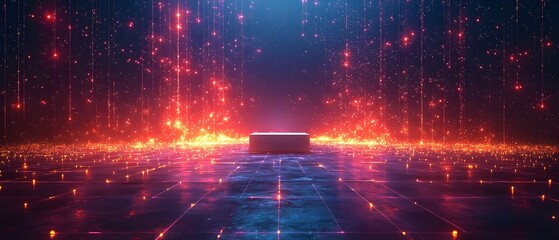 Wall Mural - a futuristic glowing digital grid landscape with a blank podium in the center representing innovatio