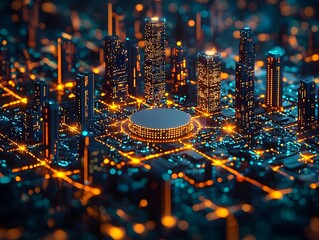 Wall Mural - glowing digital metropolis symbolizing a smart city network with a central hub