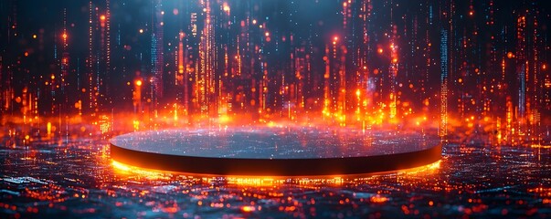 Wall Mural - a glowing circular platform sits within a vibrant digital landscape of cascading data streams and en