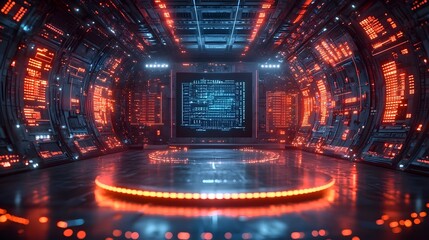 Wall Mural - a futuristic digital environment resembling a high tech stage or command center illuminated by glowi