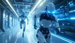 © photostockatinat - Two futuristic robots sprinting with determination through a glowing corridor, a symbol of technological advancement and the future