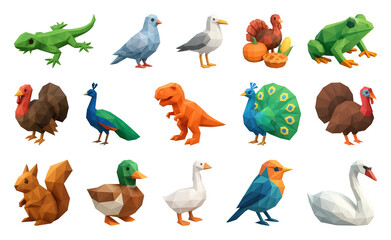 Wall Mural - PNG Colorful low-poly animal collection, element set on transparent background