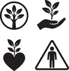 Vector set of nature icons with plants, leaves, and green trees for eco and environmental design concepts