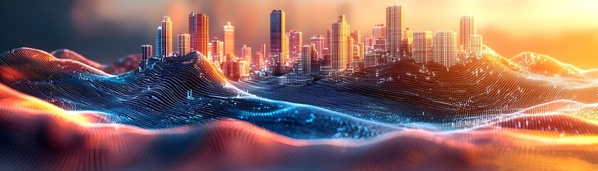 Wall Mural - a futuristic digital cityscape rendered as a glowing abstract data landscape under a warm sunset sky