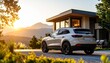 © Ai_Stock - Luxury white SUV parked in the driveway of a modern mountain home at sunset.