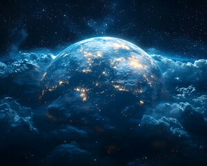 Wall Mural - A glowing Earth seen from space enveloped by dark clouds and bright stars in the vast universe