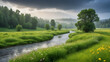 © James - A serene summer landscape of a blooming meadow and river during the July rain, epitomizing tranquility and nature