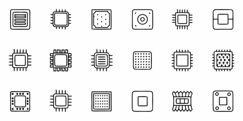 Collection of various computer chips and integrated circuits in outline style for electronic components use