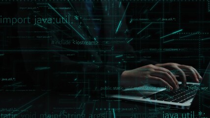 A focused programmer types on a laptop with a digital overlay of code snippets, capturing the essence of software development and modern technology in action. Xenic