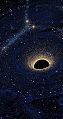 Wall Mural - A mesmerizing digital depiction of a black hole, encircled by swirling cosmic dust and distant stars, emitting a subtle golden glow