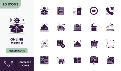 Online Order Vector Graphics Pack including 20 Glyph Filled 128x128 PIXEL Perfect Icons