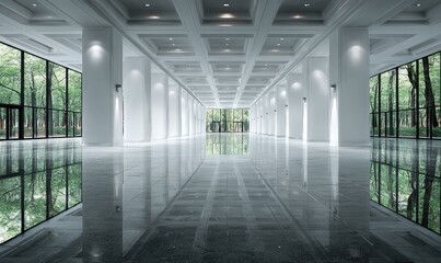  Expansive, minimalist white hall with floor-to-ceiling windows showcasing a verdant landscape, reflecting on a polished floor