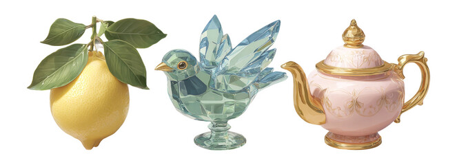 Colorful Glass Objects with Lemon, Bird, and Teapot Against Transparent Background