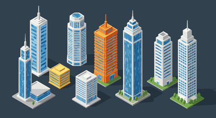 Modern isometric skyscrapers collection on dark background
