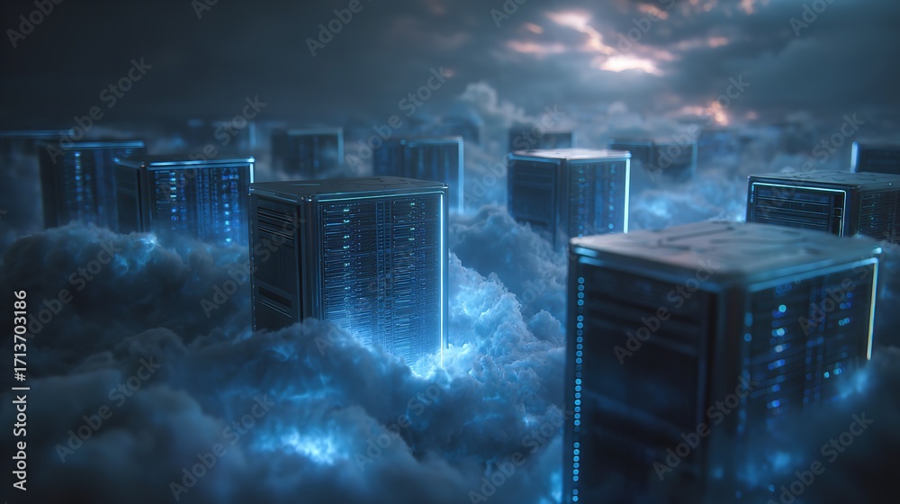 Data centers in the cloud glowing with the promise of innovation ...