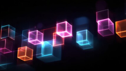 Wall Mural - neon glowing cube display in vibrant pink, blue, and orange colors floats within dark space, creatin