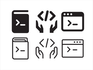 Set of linear icons representing programming, coding, and software development