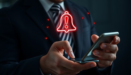 Businessman Holding Smartphone with Glowing Notification Bell Icon and Red Alerts suit