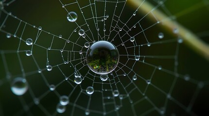 An ultra-realistic macro shot of a dewdrop on a spiderweb, revealing intricate patterns and glistening refractions