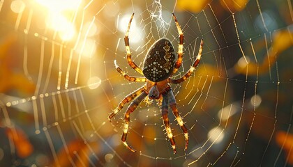 A detailed close-up view of a spider, its intricate web, and the warm, golden light filtering through the surrounding foliage.
