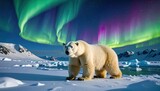 Majestic polar bear stands on a snow-covered arctic landscape under a vibrant aurora borealis display.