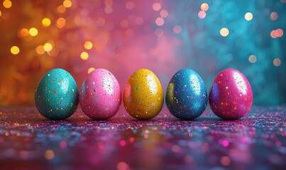 Colorful Easter eggs lined up against a bokeh background