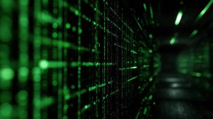 Wall Mural - green digital code streams flowing in dark virtual space create glowing futuristic matrix with abstr