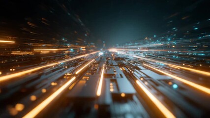 Wall Mural - futuristic digital circuit board glowing with orange and blue light trails, creating dynamic electro