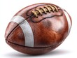 © Jendela - A well-worn, brown leather American football with white stripes and tan laces, shown against a stark white background