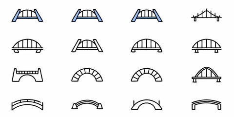 Collection of diverse bridge icons showcasing various architectural styles for construction and design projects